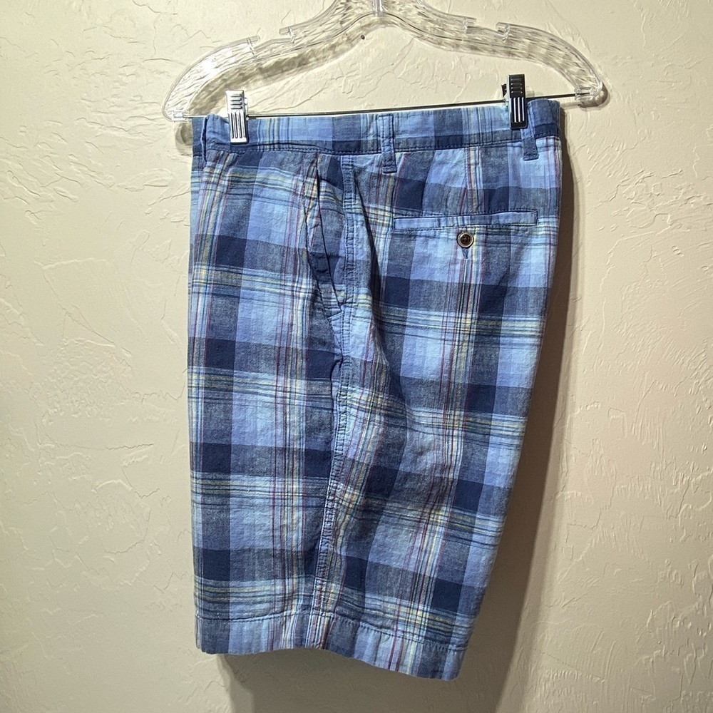 Caribbean Plaid Mens Shorts Sz  36 Linen / Cotton Flat Front Blue